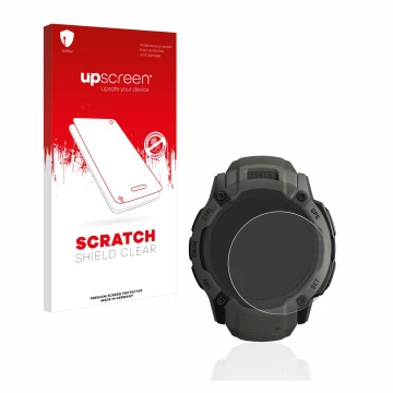 Face avant d’un emballage produit avec le logo de la marque upscreen. À côté, l’appareil Garmin Instinct 2X Solar est représen