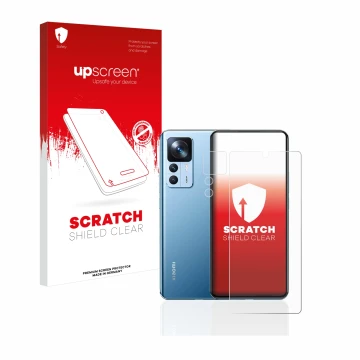 Face avant d’un emballage produit avec le logo de la marque upscreen. À côté, l’appareil Xiaomi 12T (Avant+Caméra) est représe