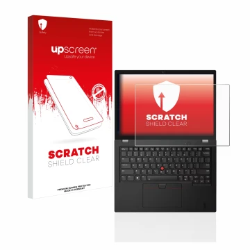 Face avant d’un emballage produit avec le logo de la marque upscreen. À côté, l’appareil Lenovo Thinkpad L13 Gen 3 est représe