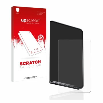 Face avant d’un emballage produit avec le logo de la marque upscreen. À côté, l’appareil Ledger Stax crypto wallet est représe