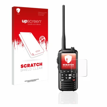 Face avant d’un emballage produit avec le logo de la marque upscreen. À côté, l’appareil Standard Horizon HX890 est représenté