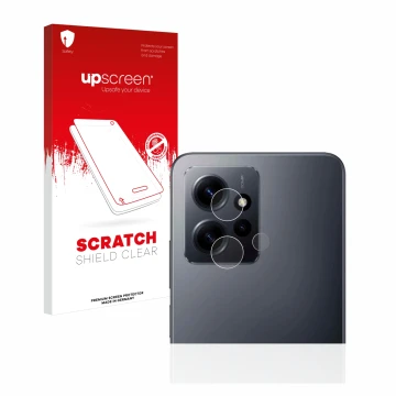 Face avant d’un emballage produit avec le logo de la marque upscreen. À côté, l’appareil Xiaomi Redmi Note 12 4G (Caméra UNIQU