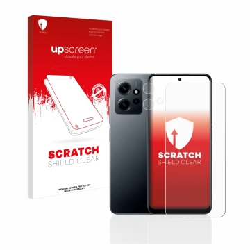 Face avant d’un emballage produit avec le logo de la marque upscreen. À côté, l’appareil Xiaomi Redmi Note 12 4G (Avant+Caméra