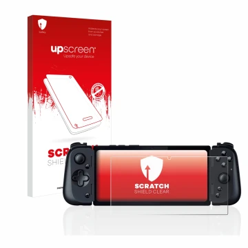 Face avant d’un emballage produit avec le logo de la marque upscreen. À côté, l’appareil Razer Edge 5G est représenté avec la 