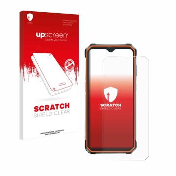 Face avant d’un emballage produit avec le logo de la marque upscreen. À côté, l’appareil Blackview BV9200 est représenté avec 