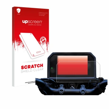 Face avant d’un emballage produit avec le logo de la marque upscreen. À côté, l’appareil Yamaha Tracer 9 GT+ 2023 est représen