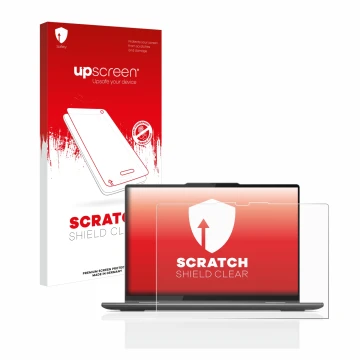 Face avant d’un emballage produit avec le logo de la marque upscreen. À côté, l’appareil Lenovo Yoga 7 Gen 8 14