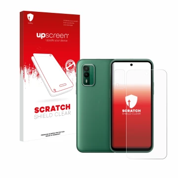 Face avant d’un emballage produit avec le logo de la marque upscreen. À côté, l’appareil Nokia XR21 (Avant+Caméra) est représe