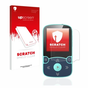 Face avant d’un emballage produit avec le logo de la marque upscreen. À côté, l’appareil AGPtek A65X MP3 Player with clip est 