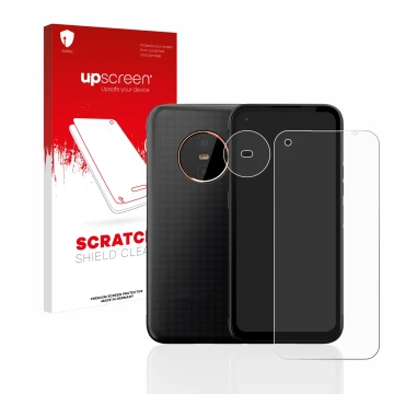 Face avant d’un emballage produit avec le logo de la marque upscreen. À côté, l’appareil Gigaset GX6 (Avant+Caméra) est représ