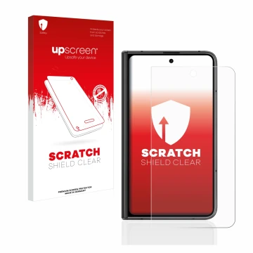 Face avant d’un emballage produit avec le logo de la marque upscreen. À côté, l’appareil Google Pixel Fold (Affichage externe)