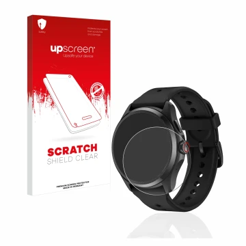 Face avant d’un emballage produit avec le logo de la marque upscreen. À côté, l’appareil Mobvoi TicWatch Pro 5 est représenté 