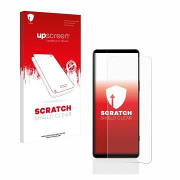 Face avant d’un emballage produit avec le logo de la marque upscreen. À côté, l’appareil Sony Xperia 1 V est représenté avec l