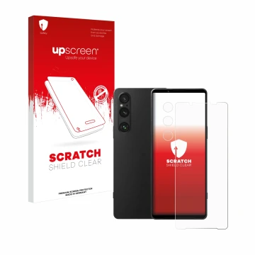 Face avant d’un emballage produit avec le logo de la marque upscreen. À côté, l’appareil Sony Xperia 1 V (Avant+Caméra) est re