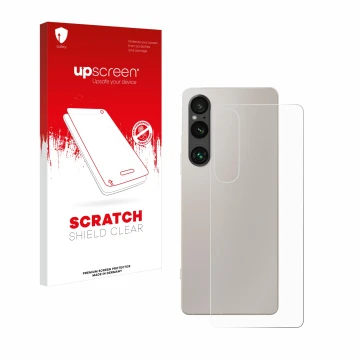 Face avant d’un emballage produit avec le logo de la marque upscreen. À côté, l’appareil Sony Xperia 1 V (Arrière) est représe