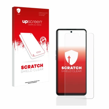 Face avant d’un emballage produit avec le logo de la marque upscreen. À côté, l’appareil Oppo A98 5G est représenté avec la pr