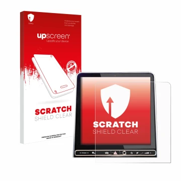 Face avant d’un emballage produit avec le logo de la marque upscreen. À côté, l’appareil Mercedes-Benz GLC X254 GPS Navigation