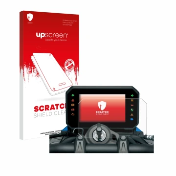 Face avant d’un emballage produit avec le logo de la marque upscreen. À côté, l’appareil Suzuki GSX-8S 2023 est représenté ave