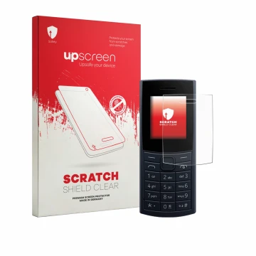 Face avant d’un emballage produit avec le logo de la marque upscreen. À côté, l’appareil Nokia 110 4G (2023) est représenté av