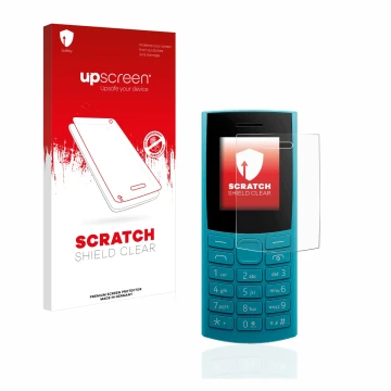 Face avant d’un emballage produit avec le logo de la marque upscreen. À côté, l’appareil Nokia 105 4G (2023) est représenté av