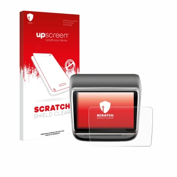 Face avant d’un emballage produit avec le logo de la marque upscreen. À côté, l’appareil Tesla Model Y Infotainment System 7.2