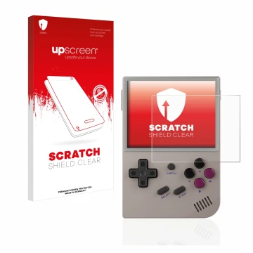 Face avant d’un emballage produit avec le logo de la marque upscreen. À côté, l’appareil Anbernic RG35XX est représenté avec l