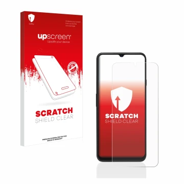 Face avant d’un emballage produit avec le logo de la marque upscreen. À côté, l’appareil Cubot P80 est représenté avec la prot