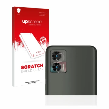 Face avant d’un emballage produit avec le logo de la marque upscreen. À côté, l’appareil Motorola Edge 30 Neo (Caméra UNIQUEME