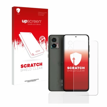 Face avant d’un emballage produit avec le logo de la marque upscreen. À côté, l’appareil Motorola Edge 30 Neo (Avant+Caméra) e