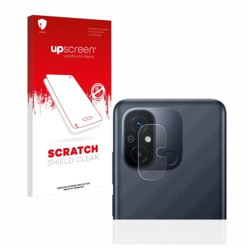 Face avant d’un emballage produit avec le logo de la marque upscreen. À côté, l’appareil Xiaomi Redmi 12C (Caméra UNIQUEMENT) 