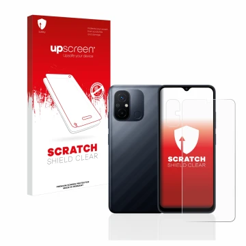 Face avant d’un emballage produit avec le logo de la marque upscreen. À côté, l’appareil Xiaomi Redmi 12C (Avant+Caméra) est r