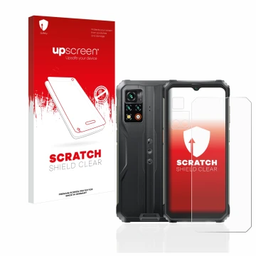 Face avant d’un emballage produit avec le logo de la marque upscreen. À côté, l’appareil Blackview BV9200 (Avant+Caméra) est r