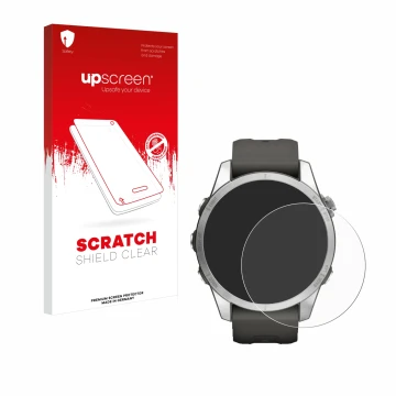 Face avant d’un emballage produit avec le logo de la marque upscreen. À côté, l’appareil Garmin Fenix 7S Pro Solar (42 mm) est