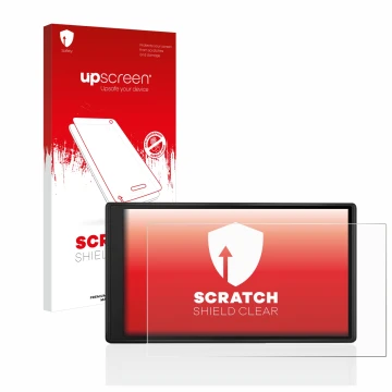 Face avant d’un emballage produit avec le logo de la marque upscreen. À côté, l’appareil Garmin Drive 55 est représenté avec l