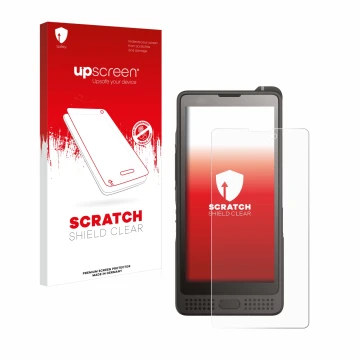 Face avant d’un emballage produit avec le logo de la marque upscreen. À côté, l’appareil Sonim XP10 est représenté avec la pro