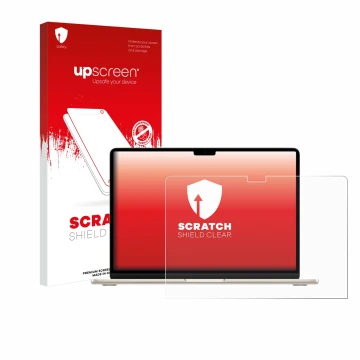 Face avant d’un emballage produit avec le logo de la marque upscreen. À côté, l’appareil Apple MacBook Air 15