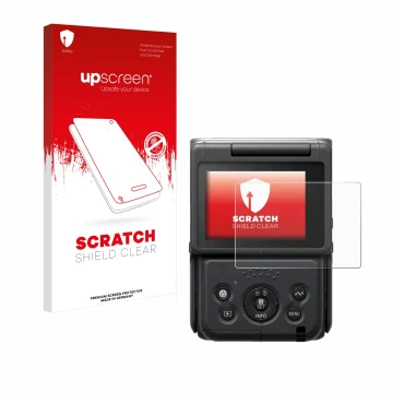 Face avant d’un emballage produit avec le logo de la marque upscreen. À côté, l’appareil Canon PowerShot V10 Vlog Camera est r