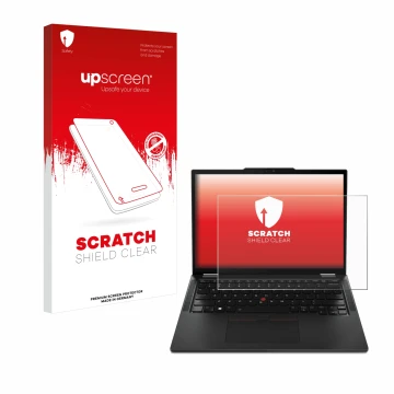 Face avant d’un emballage produit avec le logo de la marque upscreen. À côté, l’appareil Lenovo ThinkPad X13 Gen 4 est représe