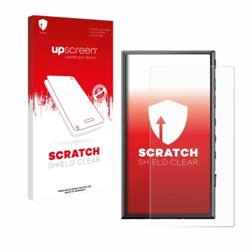 Face avant d’un emballage produit avec le logo de la marque upscreen. À côté, l’appareil Sony Walkman NW-A306 est représenté a