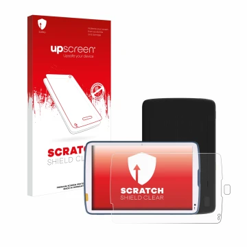 Face avant d’un emballage produit avec le logo de la marque upscreen. À côté, l’appareil Zebra ET40 10.1