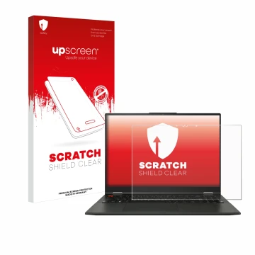 Face avant d’un emballage produit avec le logo de la marque upscreen. À côté, l’appareil ASUS Vivobook S 16 Flip OLED TP3604 e
