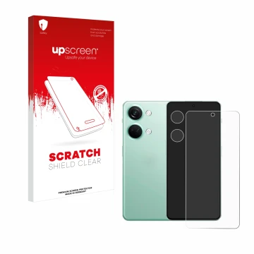 Face avant d’un emballage produit avec le logo de la marque upscreen. À côté, l’appareil OnePlus Nord 3 5G (Avant+Caméra) est 