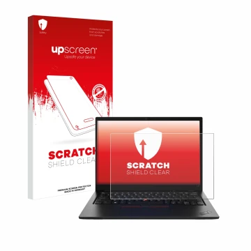 Face avant d’un emballage produit avec le logo de la marque upscreen. À côté, l’appareil Lenovo ThinkPad L13 Gen 4 Touch est r