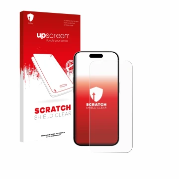 Face avant d’un emballage produit avec le logo de la marque upscreen. À côté, l’appareil Apple iPhone 15 est représenté avec l