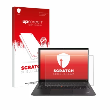 Face avant d’un emballage produit avec le logo de la marque upscreen. À côté, l’appareil Lenovo ThinkPad T14s Gen 4 est représ