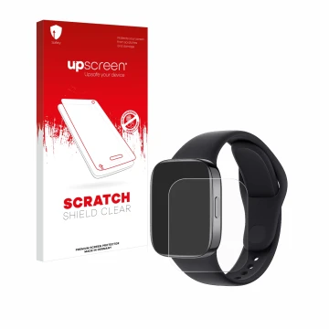 Face avant d’un emballage produit avec le logo de la marque upscreen. À côté, l’appareil Xiaomi Redmi Watch 3 est représenté a