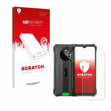 Face avant d’un emballage produit avec le logo de la marque upscreen. À côté, l’appareil Blackview BL8800 5G (Avant+Caméra) es
