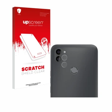 Face avant d’un emballage produit avec le logo de la marque upscreen. À côté, l’appareil Gigaset GS5 Lite (Avant+Caméra) est r
