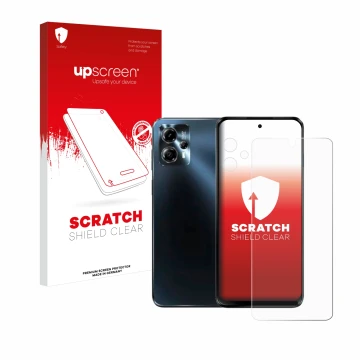 Face avant d’un emballage produit avec le logo de la marque upscreen. À côté, l’appareil Motorola Moto G13 (Avant+Caméra) est 