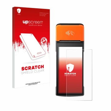 Face avant d’un emballage produit avec le logo de la marque upscreen. À côté, l’appareil Sunmi V2 Pro est représenté avec la p